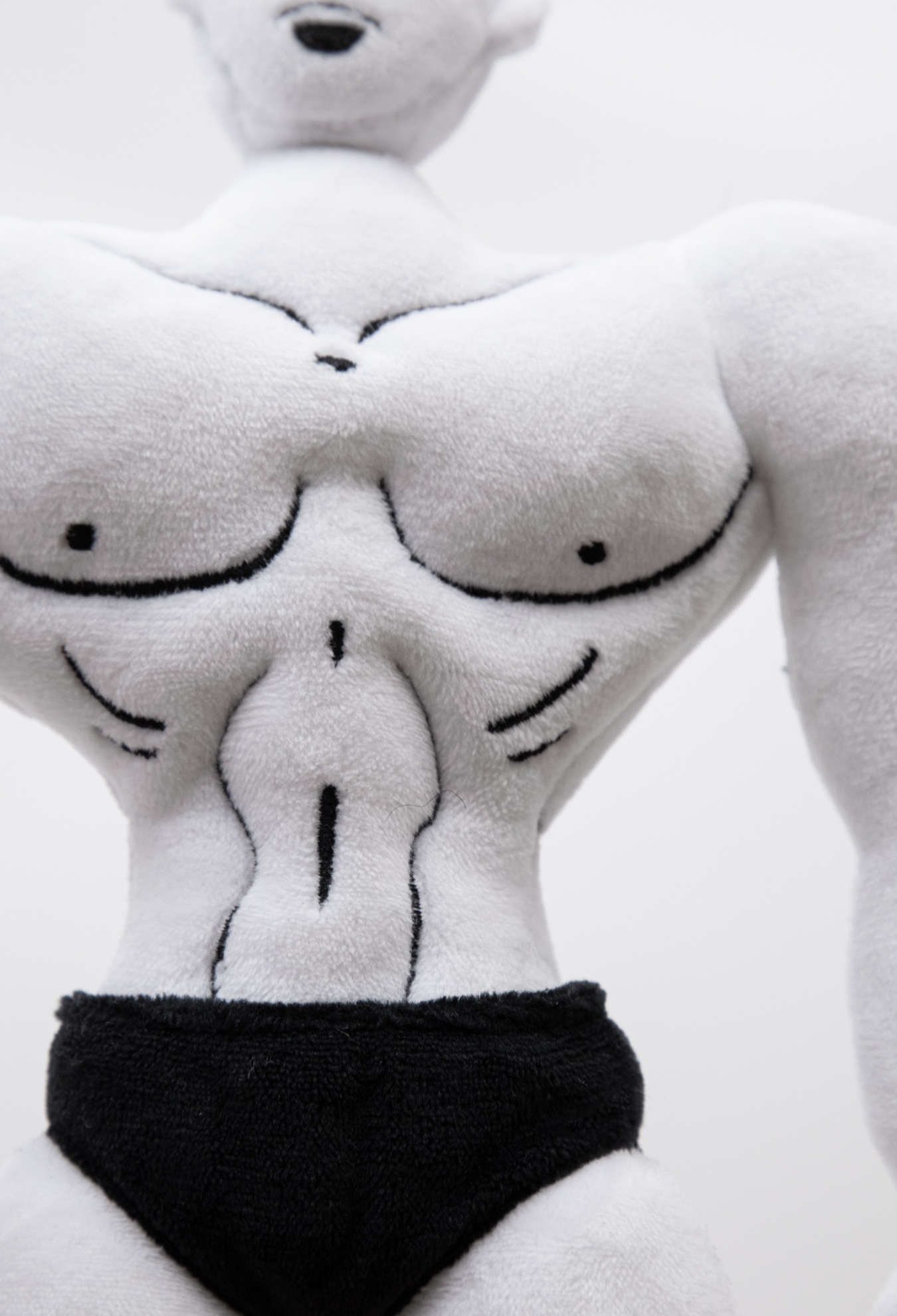 Close up torso detail of a Plush muscular male character with white skin and black briefs.